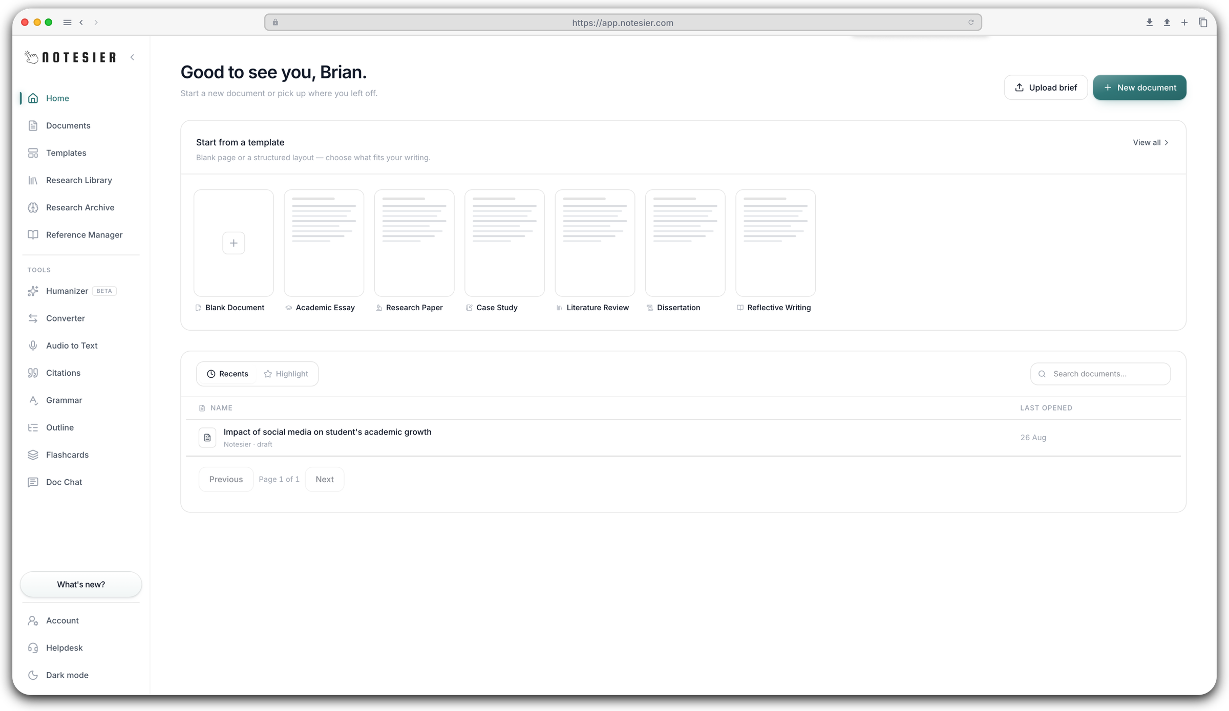 Notesier dashboard with templates, documents, and research tools